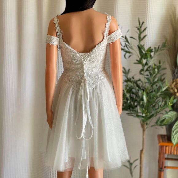 Cinderella Divine Off-Shoulder White Corset Mini Dress Sparkle Tulle Appliqué XS - Picture 6 of 8